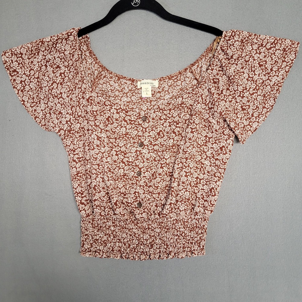 Monteau Los Angeles Brown Floral Print Button Up Crop Top Blouse Size L‎